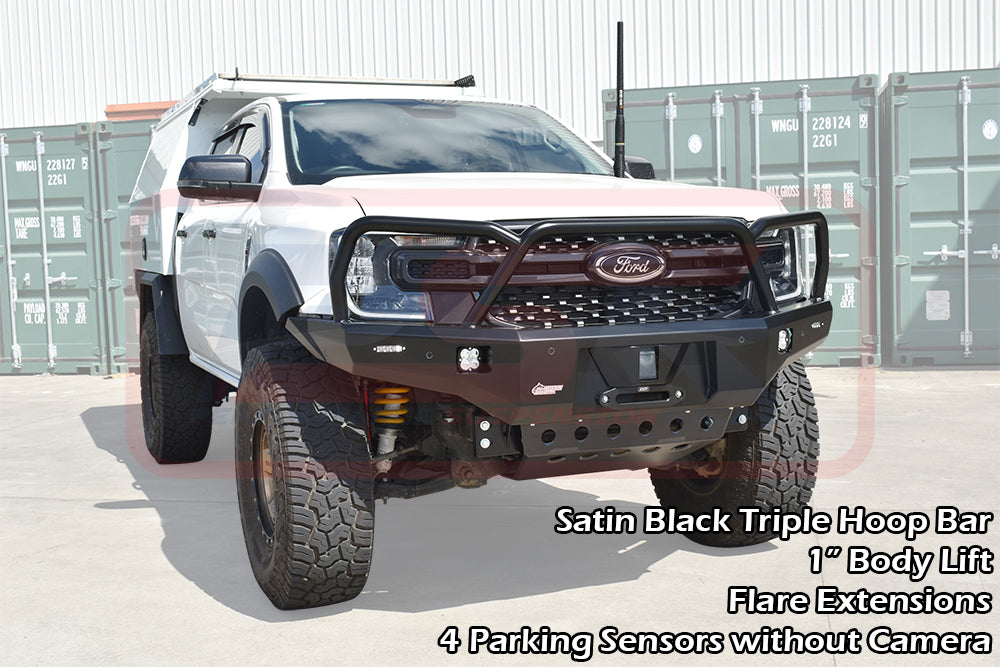 Ford Ranger Next Gen Ambush Satin Black Triple Hoop Bar, Infill (2" Body Lift), Splash Guards, Standard Black Fairlead, 4 Sensors, XLT, Factory Ext