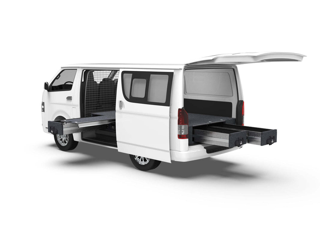 SINGLE ROLLER FLOOR SIDE DRAWERS & FIXED FLOOR REAR DRAWERS TO SUIT TOYOTA HIACE VAN 01/2005-04/2019