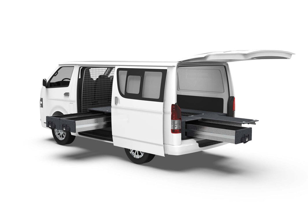 FIXED FLOOR SIDE DRAWERS & SINGLE ROLLER FLOOR REAR DRAWERS TO SUIT TOYOTA HIACE VAN 01/2005-04/2019