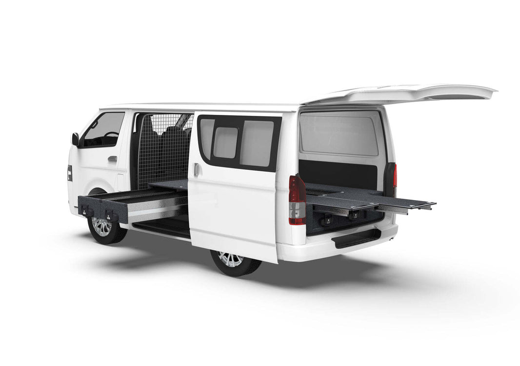 FIXED FLOOR SIDE DRAWERS & DUAL ROLLER FLOOR REAR DRAWERS TO SUIT TOYOTA HIACE VAN 01/2005-04/2019
