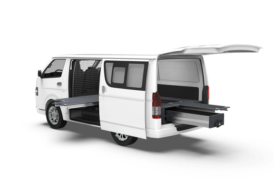 DUAL ROLLER FLOOR SIDE DRAWERS & SINGLE ROLLER FLOOR REAR DRAWERS TO SUIT TOYOTA HIACE VAN 01/2005-04/2019