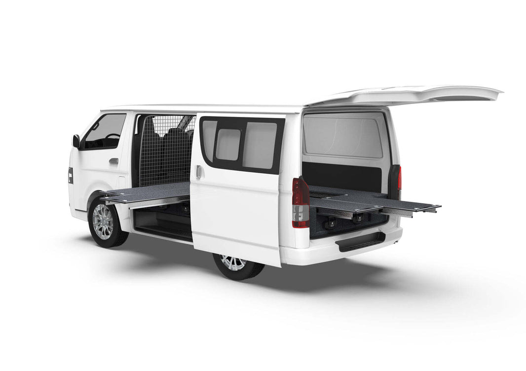 DUAL ROLLER FLOOR SIDE DRAWERS & DUAL ROLLER FLOOR REAR DRAWERS TO SUIT TOYOTA HIACE VAN 01/2005-04/2019