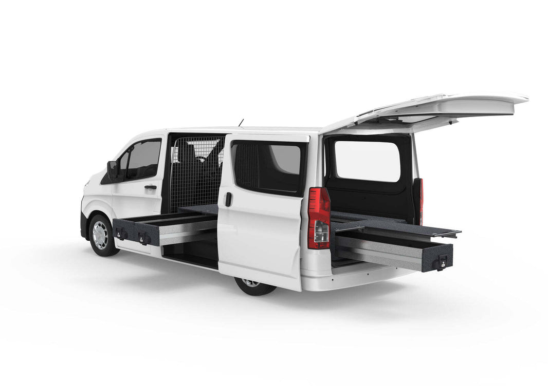 FIXED FLOOR SIDE DRAWERS & SINGLE ROLLER FLOOR REAR DRAWERS TO SUIT TOYOTA HIACE VAN 05/2019-CURRENT