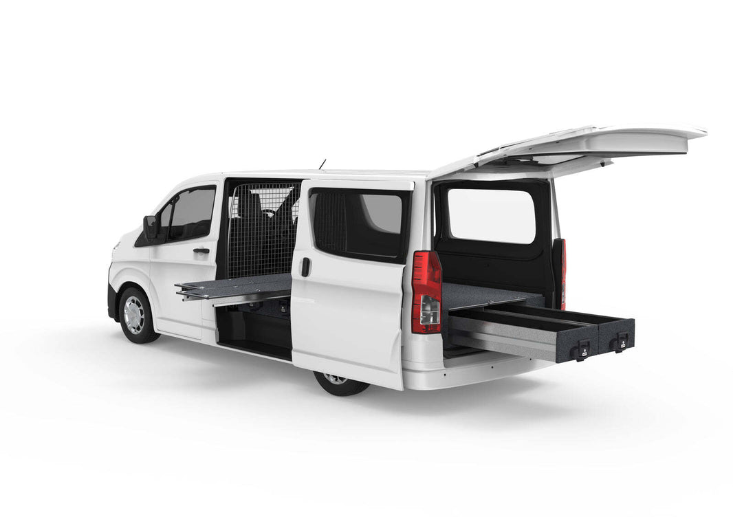 DUAL ROLLER FLOOR SIDE DRAWERS & FIXED FLOOR REAR DRAWERS TO SUIT TOYOTA HIACE VAN 05/2019-CURRENT