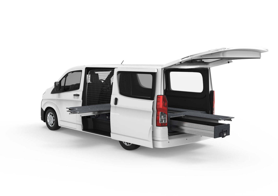 DUAL ROLLER FLOOR SIDE DRAWERS & SINGLE ROLLER FLOOR REAR DRAWERS TO SUIT TOYOTA HIACE VAN 05/2019-CURRENT