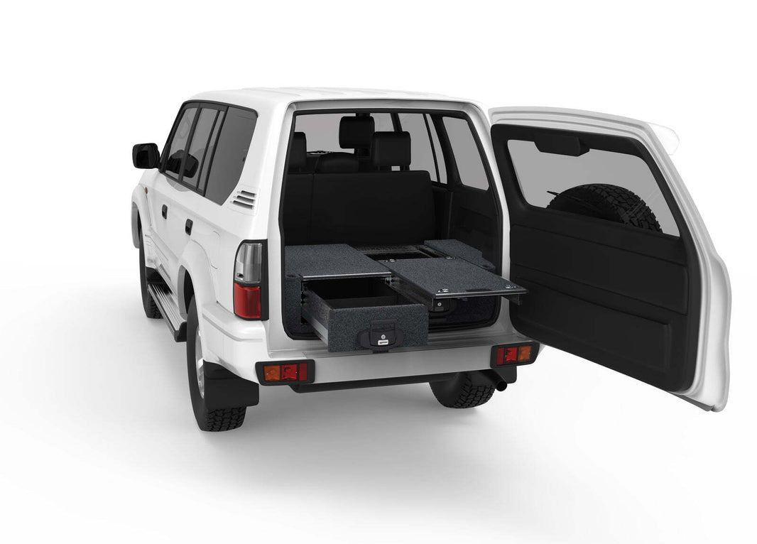 SINGLE ROLLER FLOOR DRAWERS TO SUIT TOYOTA LANDCRUISER PRADO 90 SERIES TX WAGON WITH REAR AIR CON 01/1999-09/2002