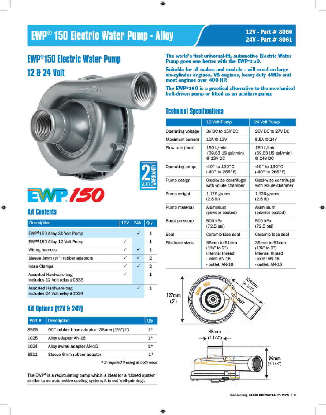 Davies Craig Electric Water Pump 150L/Min (Aluminium Casing)
