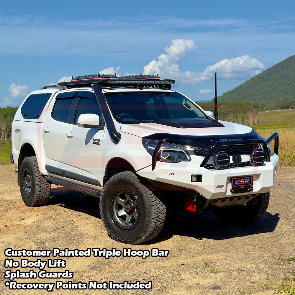 Holden Colorado RG1 Ambush Satin Black Triple Hoop Bar, Pre-Runner Infill (1" Body Lift), Splash Guards, Slimline Black Fairlead