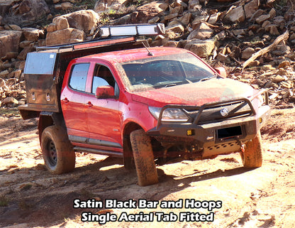 Holden Colorado RG2 Ambush Satin Black Triple Hoop Bar, Pre-Runner Infill (1" Body Lift), Standard Black Fairlead, Sensors