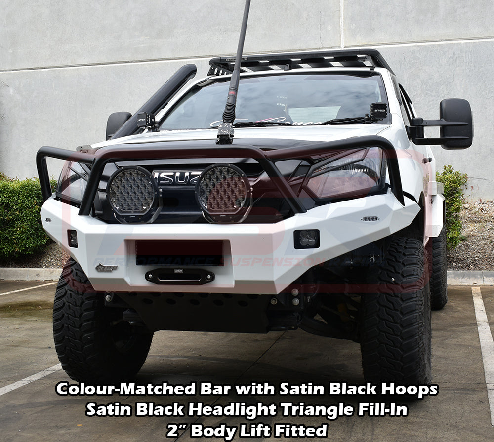 D-MAX 2 2017-2020 Ambush Customer Painted Triple Hoop Bar, Infill (1" Body Lift), Splash Guards, Slimline Black Fairlead, Satin Black Triangle