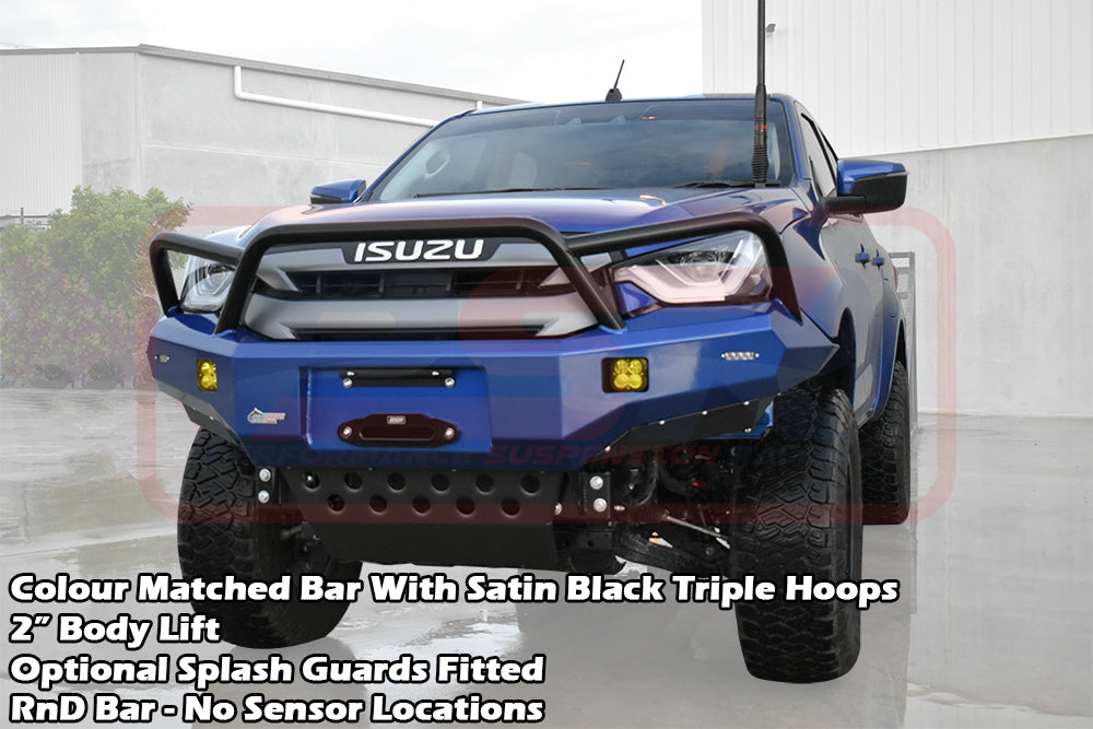 Isuzu D-MAX 3 21-24 Ambush Satin Black Triple Hoop Bar, Pre-Runner Infill (No Body Lift), Splash Guards, Slimline Silver Fairlead