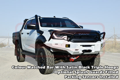 Isuzu D-MAX 3 21-24 Ambush Satin Black Triple Hoop Bar, Pre-Runner Infill (2" Body Lift), Slimline Silver Fairlead