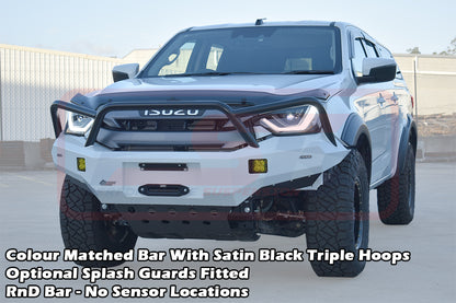 Isuzu D-MAX 3 21-24 Ambush Satin Black Triple Hoop Bar, Pre-Runner Infill (2" Body Lift), Splash Guards, Standard Silver Fairlead