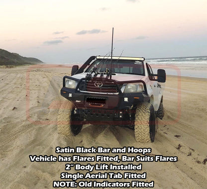 Toyota Hilux N70 11-15 Ambush Colour Coded Bar, Satin Black Triple Hoop, Pre-Runner Infill (No Body Lift), Splash Guards, Std Silver Fairlead
