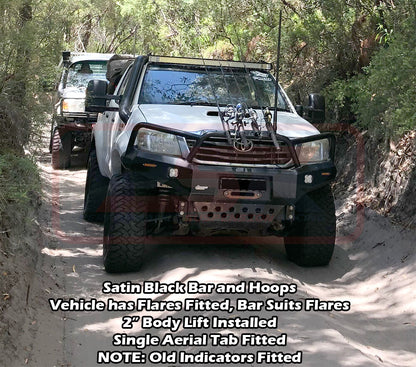 Toyota Hilux N70 11-15 Ambush Colour Coded Bar, Satin Black Triple Hoop, Pre-Runner Infill (1" Body Lift), Splash Guards, Std Silver Fairlead