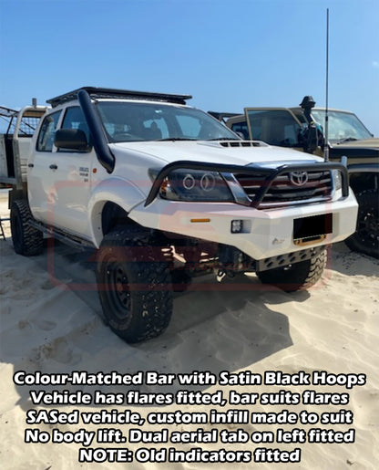 Toyota Hilux N70 11-15 Ambush Customer Painted Triple Hoop Bar, Pre-Runner Infill (2" Body Lift), Splash Guards, Slimline Black Fairlead