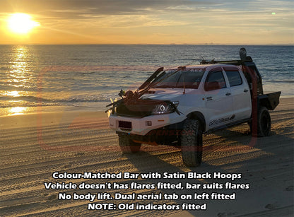 Toyota Hilux N70 11-15 Ambush Customer Painted Triple Hoop Bar, Pre-Runner Infill (2" Body Lift), Splash Guards, Standard Black Fairlead