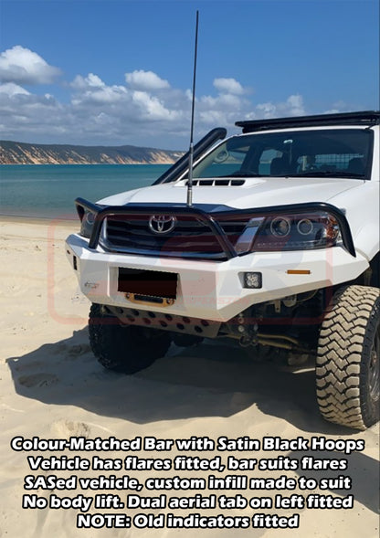 Toyota Hilux N70 11-15 Ambush Customer Painted Triple Hoop Bar, Pre-Runner Infill (2" Body Lift), Splash Guards, Standard Black Fairlead