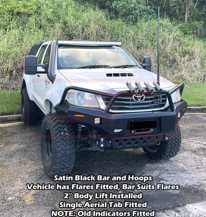 Toyota Hilux N70 11-15 Ambush Customer Painted Triple Hoop Bar, Pre-Runner Infill (2" Body Lift), Splash Guards, Standard Black Fairlead