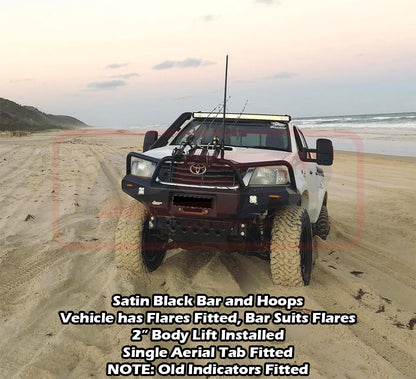 Toyota Hilux N70 11-15 Ambush Customer Painted Triple Hoop Bar, Pre-Runner Infill (2" Body Lift), Splash Guards, Standard Black Fairlead