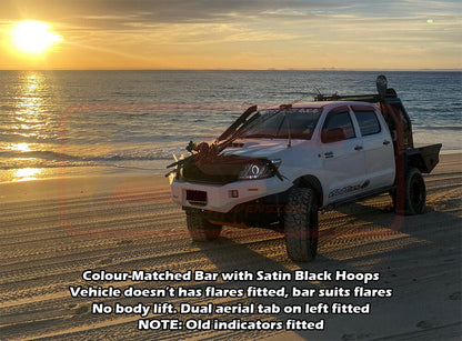 Toyota Hilux N70 11-15 Ambush Colour Coded Bar, Satin Black Triple Hoop, Pre-Runner Infill (2" Body Lift), Splash Guards, Std Black Fairlead