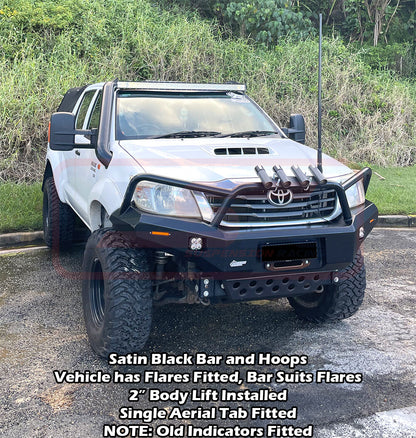 Toyota Hilux N70 11-15 Ambush Colour Coded Bar, Satin Black Triple Hoop, Pre-Runner Infill (2" Body Lift), Splash Guards, Std Black Fairlead