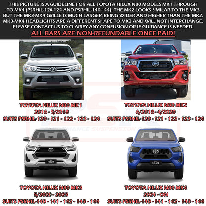 Toyota Hilux N80 MK2 6/2018-4/2020 Ambush Customer Painted Hoopless Bar, Pre-Runner Infill (No Body Lift), Slimline Silver Fairlead
