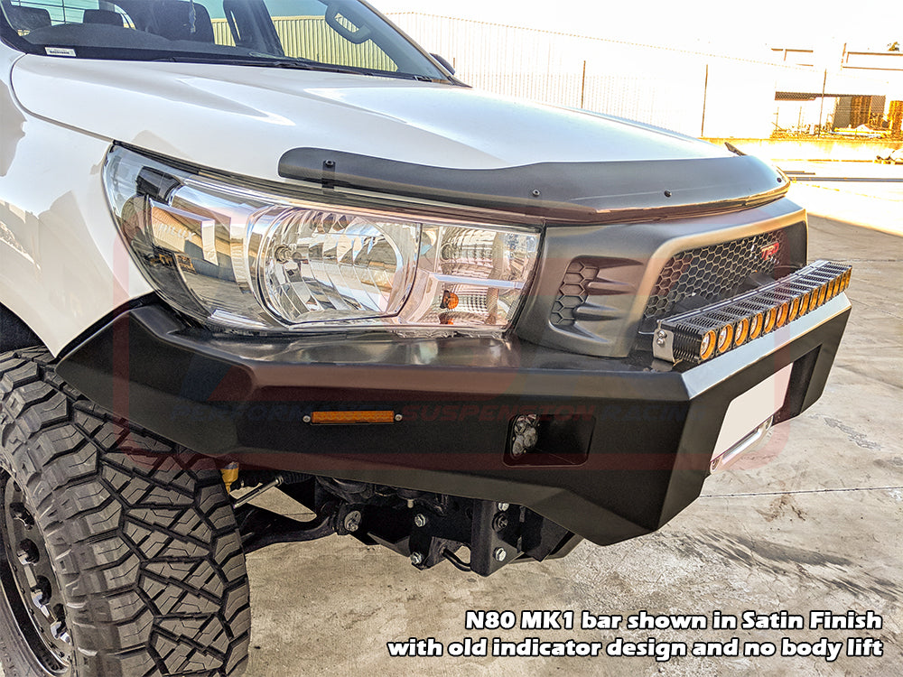 Toyota Hilux N80 MK2 6/2018-4/2020 Ambush Satin Black Hoopless Bar, Pre-Runner Infill (1" Body Lift), Splash Guards, Standard Black Fairlead