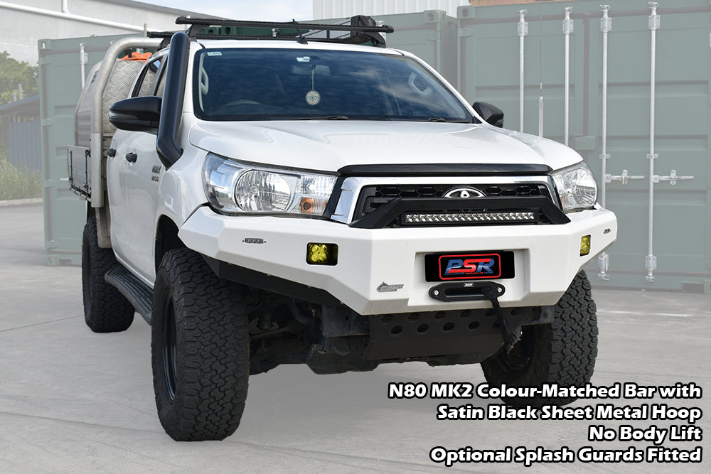 Toyota Hilux N80 MK2 6/18-4/20 Ambush Colour Coded Bar, Satin Black Sheet Metal Hoop, Infill (1" Body Lift), Splash Guards, Slimline Black Fairlead
