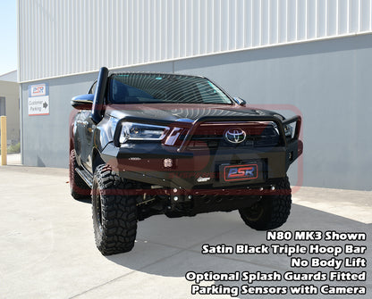 Hilux N80 MK3 5/20-On Ambush Customer Painted Triple Hoop Bar, Infill (No Body Lift), Splash Guards, Standard Silver Fairlead, Sensors, Camera
