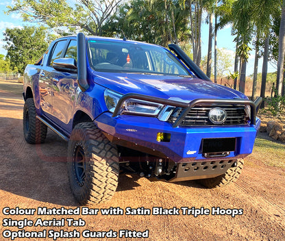 Hilux N80 MK3 5/20-On Ambush Satin Black Triple Hoop Bar, Pre-Runner Infill (1" Body Lift), Splash Guards, Standard Black Fairlead, Sensors