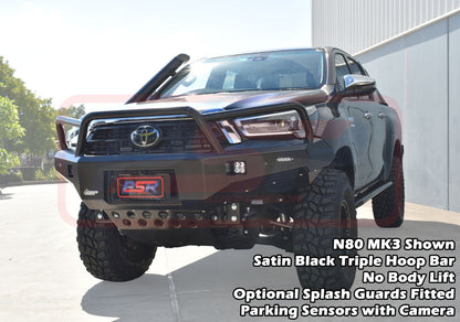 Toyota Hilux N80 MK3 5/20-On Ambush Colour Coded Bar, Satin Black Triple Hoop, Pre-Runner Infill (No Body Lift), Slimline Black Fairlead, Sensors