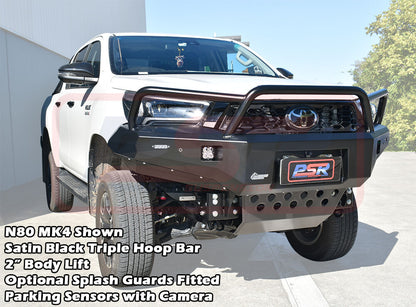 Toyota Hilux N80 MK3 5/20-On Ambush Colour Coded Bar, Satin Black Triple Hoop, Infill (2" Body Lift), Splash Guards, Standard Silver Fairlead, Sensors