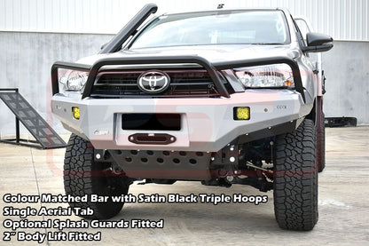 Hilux N80 MK3 5/20-On Ambush Satin Black Triple Hoop Bar, Pre-Runner Infill (No Body Lift), Splash Guards, Standard Black Fairlead, Sensors, Camera