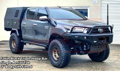 Hilux N80 MK3 5/20-On Ambush Satin Black Triple Hoop Bar, Pre-Runner Infill (1" Body Lift), Splash Guards, Standard Silver Fairlead, Sensors, Camera