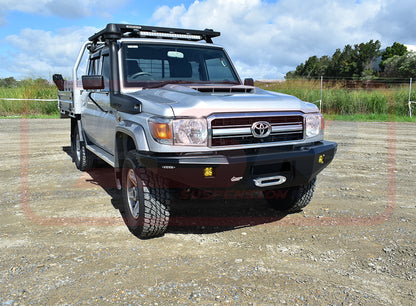 Toyota Landcruiser 70 Series Ambush Satin Black Hoopless Bar, 2" Body Lift, Standard Silver Fairlead