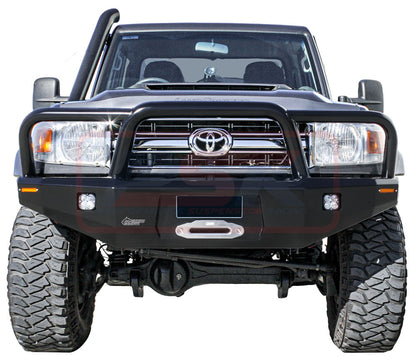 Toyota Landcruiser 70 Series Ambush Satin Black Triple Hoop (Big Tube) Bar, No Body Lift, Standard Silver Fairlead, Single Cab DPF