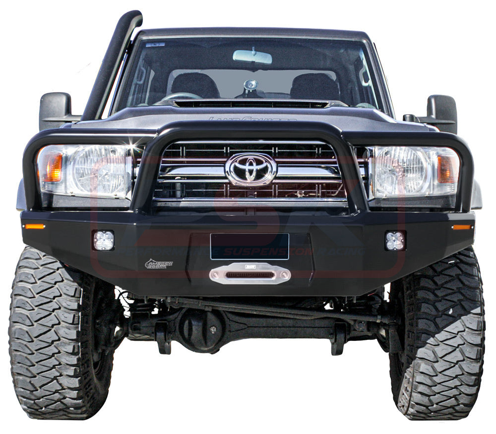 Toyota Landcruiser 70 Series Ambush Satin Black Triple Hoop (Big Tube) Bar, No Body Lift, Slimline Black Fairlead