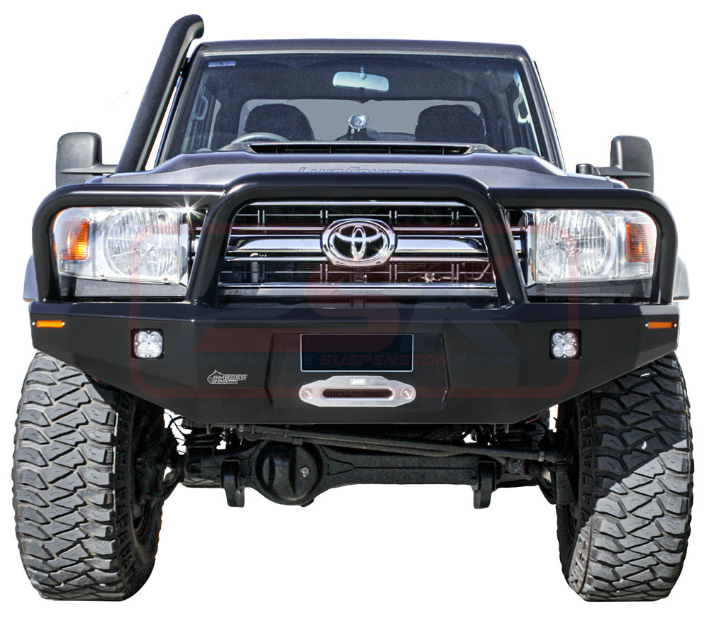 Toyota Landcruiser 70 Series Ambush Satin Black Triple Hoop (Big Tube) Bar, No Body Lift, Slimline Silver Fairlead