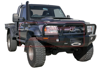 Toyota Landcruiser 70 Series Ambush Satin Black Triple Hoop (Big Tube) Bar, 1" Body Lift, Standard Black Fairlead