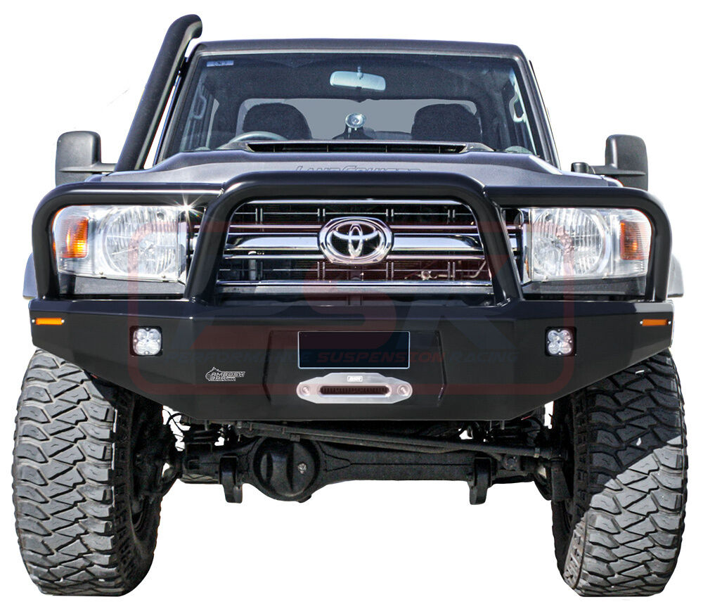 Toyota Landcruiser 70 Series Ambush Colour Coded Bar, Satin Black Triple Hoop (Big Tube), 2" Body Lift, Slimline Black Fairlead