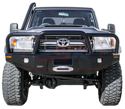 Toyota Landcruiser 70 Series Ambush Colour Coded Bar, Satin Black Triple Hoop (Big Tube), 2" Body Lift, Slimline Black Fairlead
