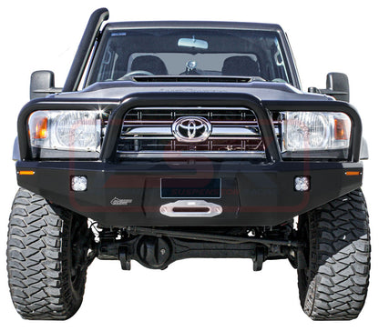 Toyota Landcruiser 70 Series Ambush Satin Black Triple Hoop (Big Tube) Bar, 2" Body Lift, Slimline Silver Fairlead, Single Cab DPF