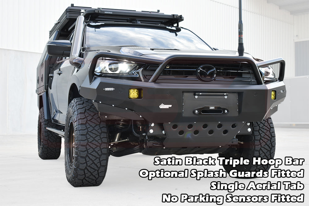 Mazda BT-50 TF 21-24 Ambush Satin Black Triple Hoop Bar, Pre-Runner Infill (1" Body Lift), Slimline Black Fairlead