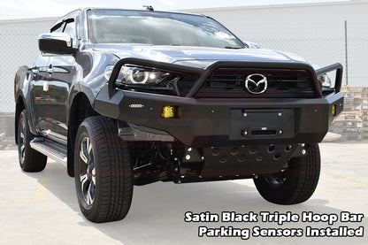 Mazda BT-50 TF 21-24 Ambush Customer Painted Triple Hoop Bar, Pre-Runner Infill (2" Body Lift), Splash Guards, Slimline Silver Fairlead