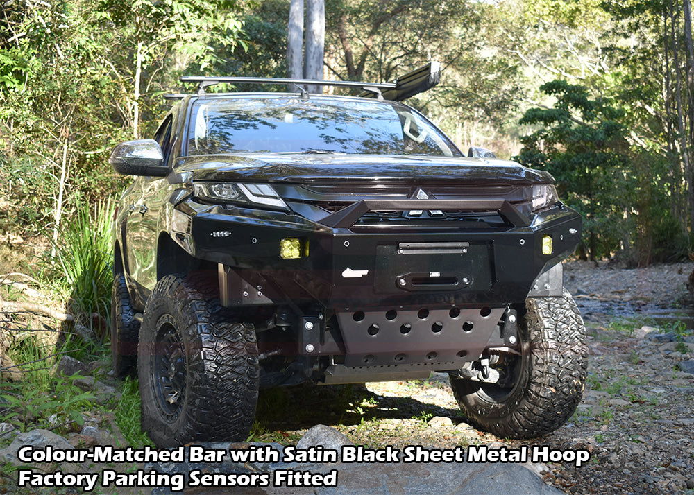 Mitsubishi MR Triton Ambush Customer Painted Sheet Metal Hoop Bar, Pre-Runner Infill (No Body Lift), Splash Guards, Slimline Silver Fairlead
