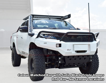 Mitsubishi MR Triton Ambush Satin Black Triple Hoop Bar, Infill (2" Body Lift), Splash Guards, Standard Silver Fairlead, Sensors, Camera