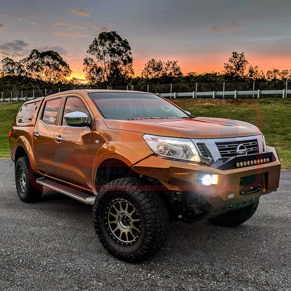 Nissan Navara NP300 Ambush Satin Black Sheet Metal Hoop Bar, Pre-Runner infill (2" lift), Splash Guards, Slimline Black Fairlead