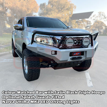 Nissan Navara NP300 Ambush Satin Black Triple Hoop Bar, Pre-Runner infill (1" lift), Splash Guards, Standard Black Fairlead