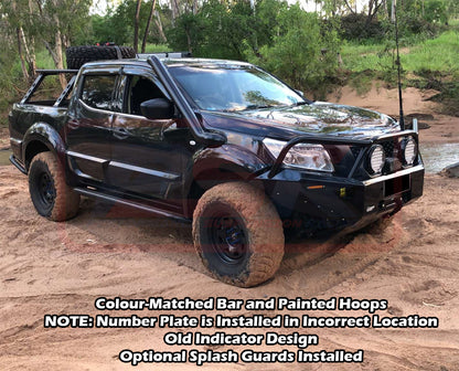 Nissan Navara NP300 Ambush Satin Black Triple Hoop Bar, Pre-Runner infill (1" lift), Splash Guards, Slimline Black Fairlead
